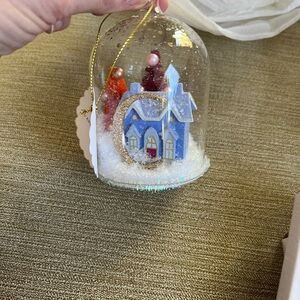 Anthropologie Holiday Snow Globe with Blue House and Red Trees Letter C